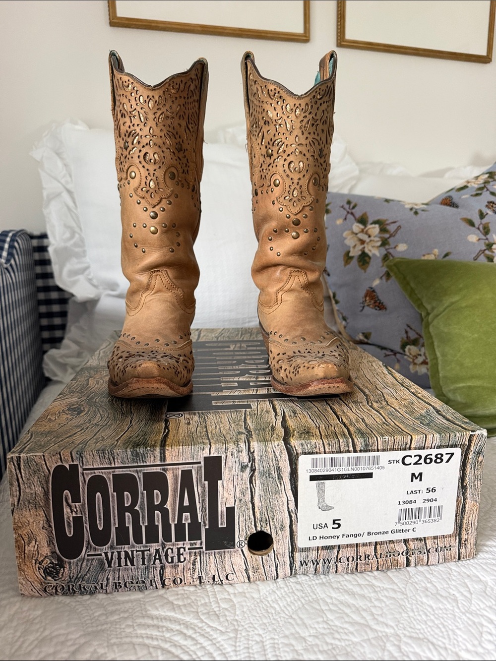 Corral Honey Tan Leather Cowboy Boots with Bronze Glitter Accents